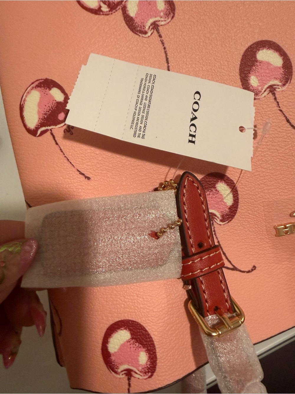 Coach Pink Cherry Print Leather Tote with Red Trim - Picture 5 of 5